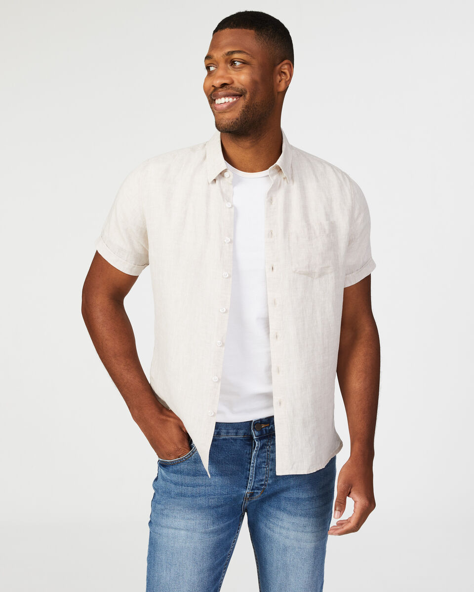Singhs Linen Short Sleeve Shirt, Sand, hi-res